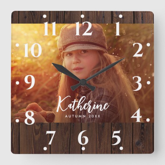 暗カスタム色の木素朴板の写真 スクエア壁時計 (正面)