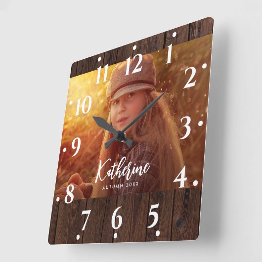 暗カスタム色の木素朴板の写真 スクエア壁時計 (傾斜)