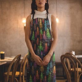 暗カラフルい森の中で輝くクリスマスツリー エプロン