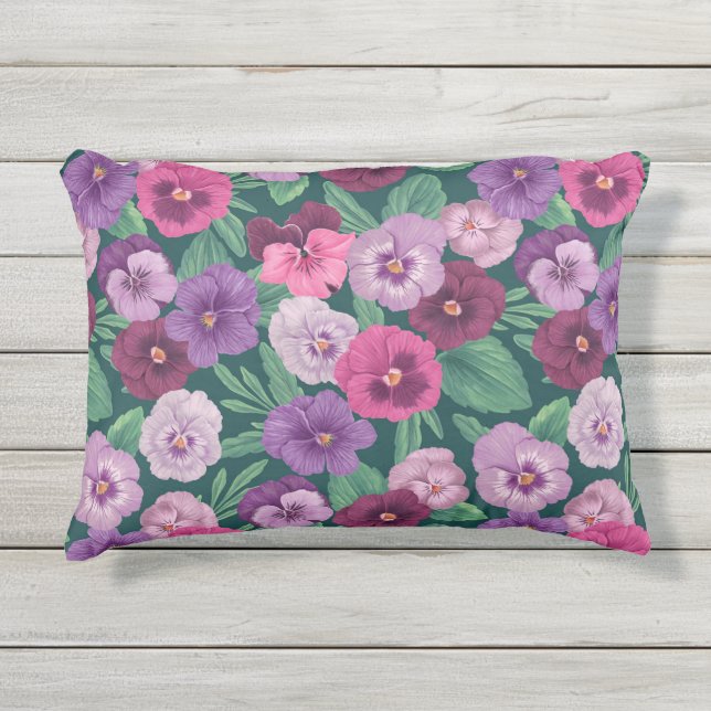 暗カラフル緑がかった青のパンジー アウトドアクッション (正面)
