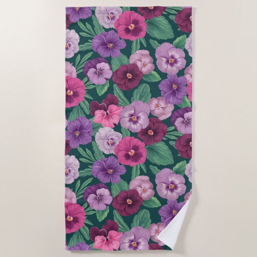 暗カラフル緑がかった青のパンジー ビーチタオル (正面)