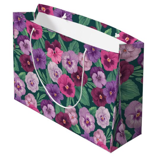 暗カラフル緑がかった青のパンジー ラージペーパーバッグ (裏面アングル)