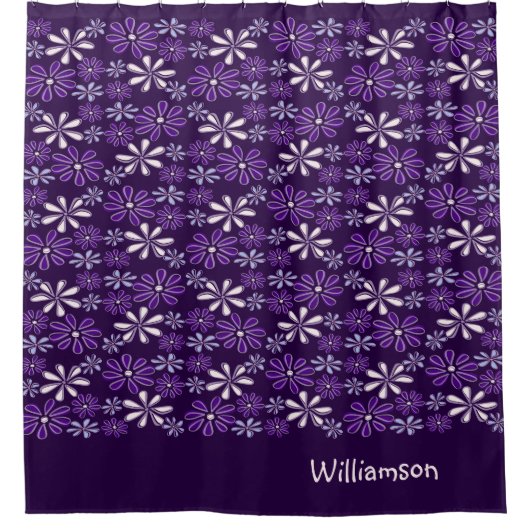 暗スタイリッシュモノグラムの紫の花のドードル シャワーカーテン (正面)