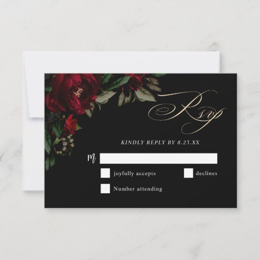 暗スタイリッシュ色ゴシック色の赤い緑のフローラムーディ結婚ー 出欠カード (正面)