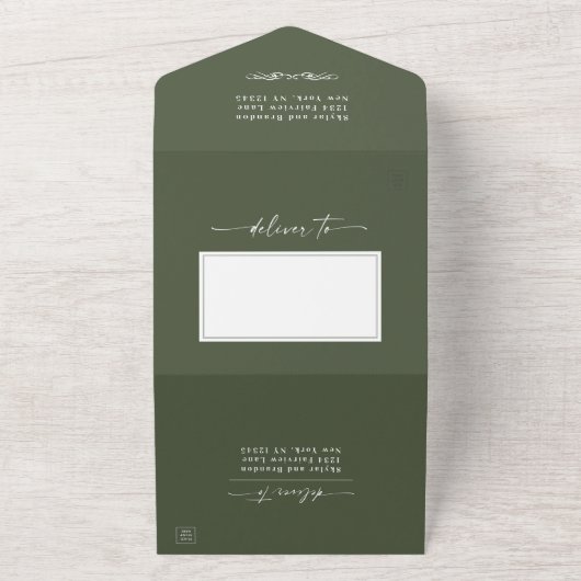 暗ミニマル色の森の無地の緑の結婚色 オールインワン招待状 (外側)