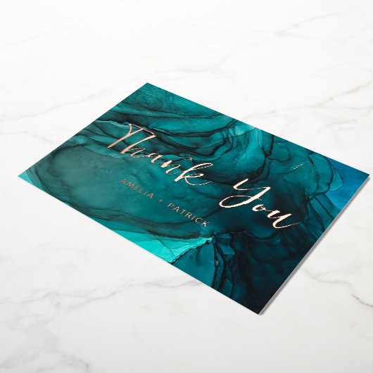 暗モダンいティール（緑がかった色）の水結婚色は感謝してい君 箔招待状 (回転した状態)