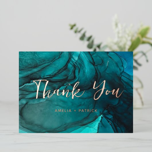 暗モダンいティール（緑がかった色）の水結婚色は感謝してい君 箔招待状 (立ち正面)