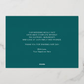 暗モダンいティール（緑がかった色）の水結婚色は感謝してい君 箔招待状 (裏面)