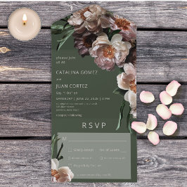 暗モダンい花が緑のディナー オールインワン招待状