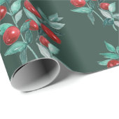 暗モダンエレガントいクリスマスの緑に赤い果実 ラッピングペーパー (ロールコーナー)