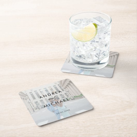 暗モダンスタイリッシュ色の写真と名前のシンプル結婚 スクエアペーパーコースター (インサイチュ)