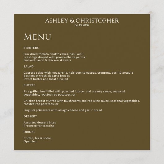 暗モダンミニマル銅ウェディングレセプション メニュー (正面)