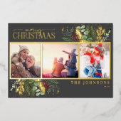 暗モダン灰色メリークリスマススクリプトパイン写真 箔シーズンカード (正面)