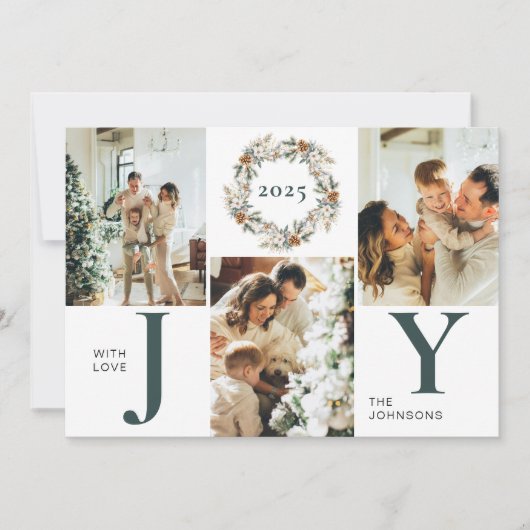 暗モダン緑の写真コラージュ喜びクリスマス シーズンカード (正面)