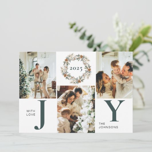 暗モダン緑の写真コラージュ喜びクリスマス シーズンカード (スタンド正面)