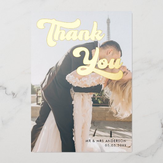 暗モダン色のフォトオーバーレイレトロありがとうござ結婚う 箔招待状 (正面)