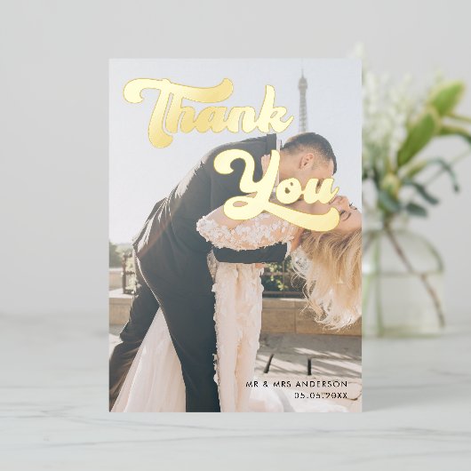 暗モダン色のフォトオーバーレイレトロありがとうござ結婚う 箔招待状 (立ち正面)