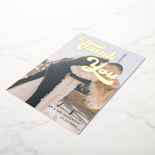 暗モダン色のフォトオーバーレイレトロありがとうござ結婚う 箔招待状 (回転した状態)