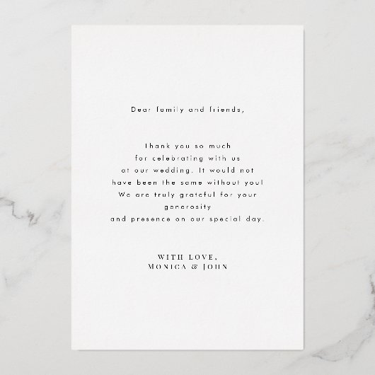 暗モダン色のフォトオーバーレイレトロありがとうござ結婚う 箔招待状 (裏面)