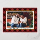 暗モダン色の赤いバッファローのプレイドクリスマスフォト 箔シーズンカード (正面)