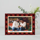 暗モダン色の赤いバッファローのプレイドクリスマスフォト 箔シーズンカード (立ち正面)