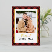 暗モダン色の赤いバッファローのプレイドクリスマスフォト 箔シーズンカード (立ち正面)