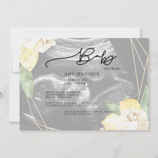 暗モダン色の超音波フローラベビーシャワー 招待状 (正面)