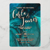 暗モダン色ティール（緑がかった色）水色金ゴールドシック結婚ズ 箔招待状 (正面)