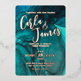 暗モダン色ティール（緑がかった色）水色金ゴールドシック結婚ズ 箔招待状