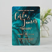 暗モダン色ティール（緑がかった色）水色金ゴールドシック結婚ズ 箔招待状 (立ち正面)