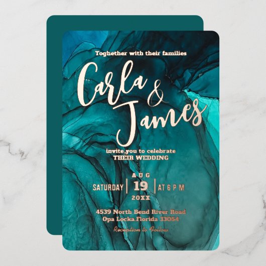 暗モダン色ティール（緑がかった色）水色金ゴールドシック結婚ズ 箔招待状 (正面/裏面)