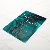 暗モダン色ティール（緑がかった色）水色金ゴールドシック結婚ズ 箔招待状 (回転した状態)