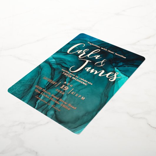 暗モダン色ティール（緑がかった色）水色金ゴールドシック結婚ズ 箔招待状 (回転した状態)