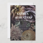 暗モダン色ムーディパープルフローラ植物学結婚院 招待状 (正面)