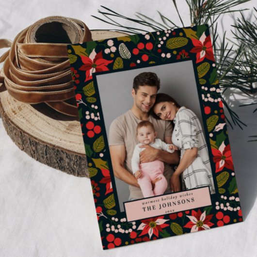 暗モダン色ムーディブルー赤ポインセチア写真 シーズンカード