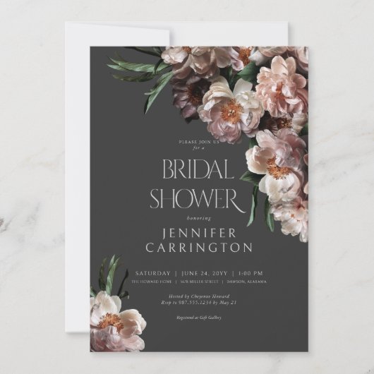 暗モダン色花咲き黒ブライダルシャワー 招待状 (正面)
