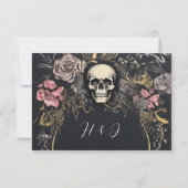 暗ユニーク色ゴシックブラックフローラ結婚ズ 出欠カード (裏面)