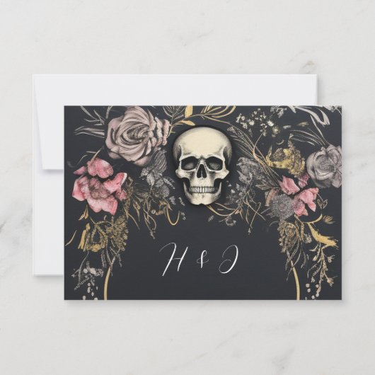 暗ユニーク色ゴシックブラックフローラ結婚ズ 出欠カード (裏面)