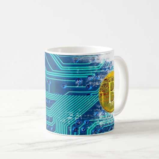 暗号通貨ビットコインおよび回路基板 コーヒーマグカップ (正面右)