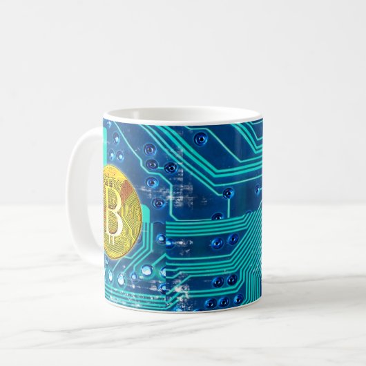暗号通貨ビットコインおよび回路基板 コーヒーマグカップ (正面左)