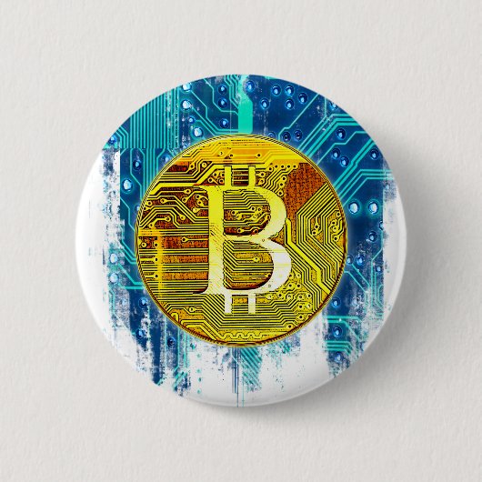 暗号通貨ビットコインおよび回路基板 缶バッジ (正面)