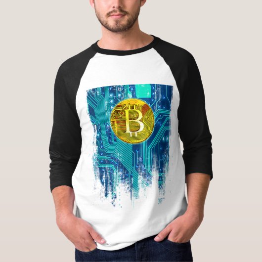 暗号通貨ビットコインおよび回路基板 Tシャツ (正面)