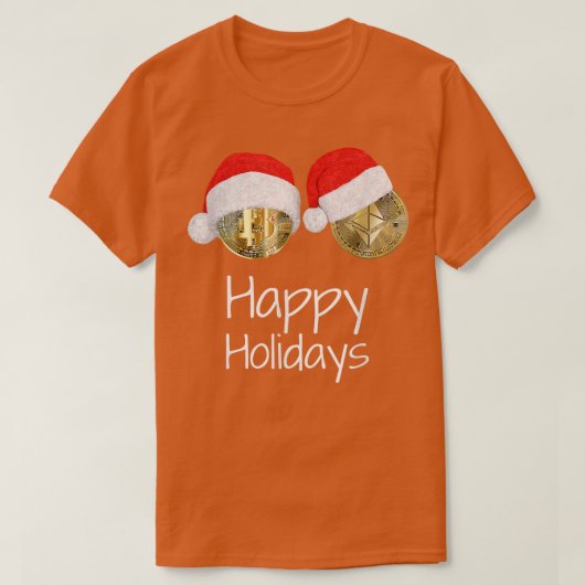 暗号通貨Bitcoin Ethereum Santa Hat HAPPY Tシャツ (デザイン正面)
