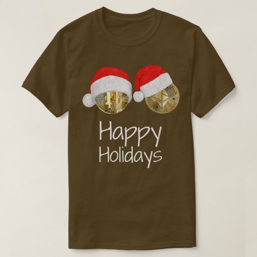 暗号通貨Bitcoin Ethereum Santa Hat HAPPY Tシャツ (デザイン正面)