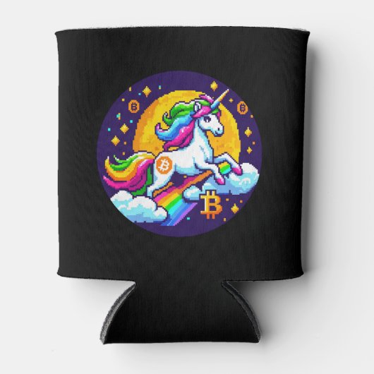 暗号魔法: Bitcoinシンボルを使用した8ビットユニコーン 缶クーラー (正面)