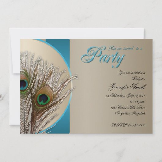 暗灰色および水の孔雀の羽のパーティの招待状 招待状 (正面)