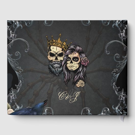 暗素晴らし色ゴシ結婚ックのスカルデザイン ゲストブック (裏面)