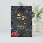 暗素晴らし色ゴシ結婚ックのスカルデザイン サンキューカード (スタンド正面)
