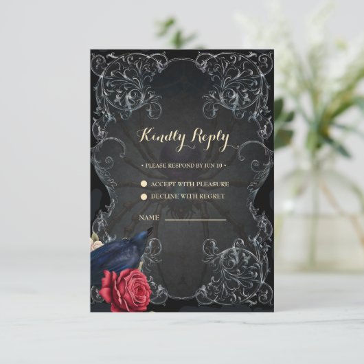 暗素晴らし色ゴシ結婚ックのスカルデザイン 出欠カード (スタンド正面)