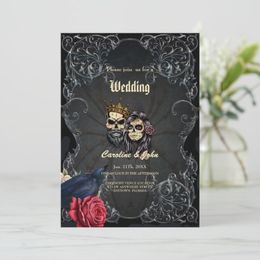暗素晴らし色ゴシ結婚ックのスカルデザイン 招待状 (スタンド正面)